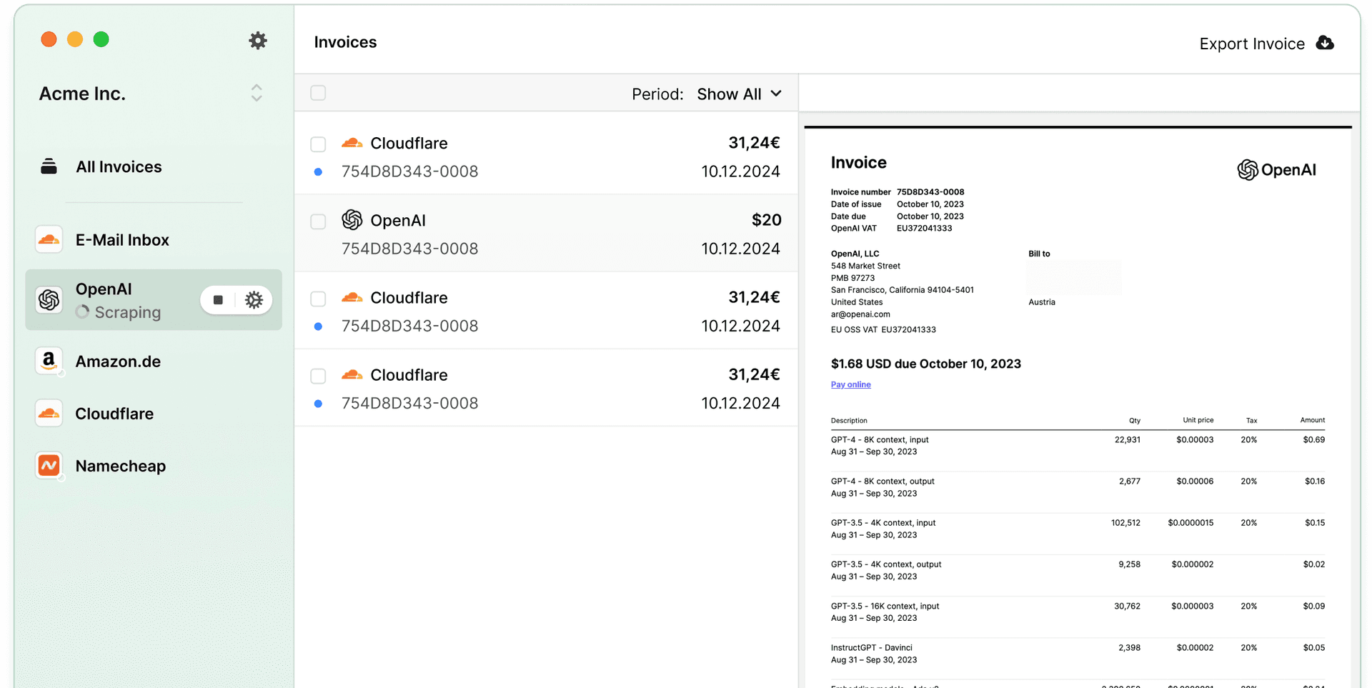 Screenshot of the Invoice Radar UI.