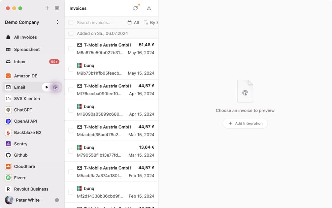 Invoice Radar showing invoices collected from a demo email integration