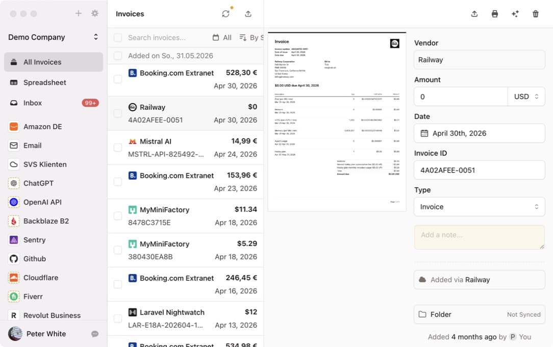 Invoice Radar review view with an original invoice and extracted bookkeeping fields