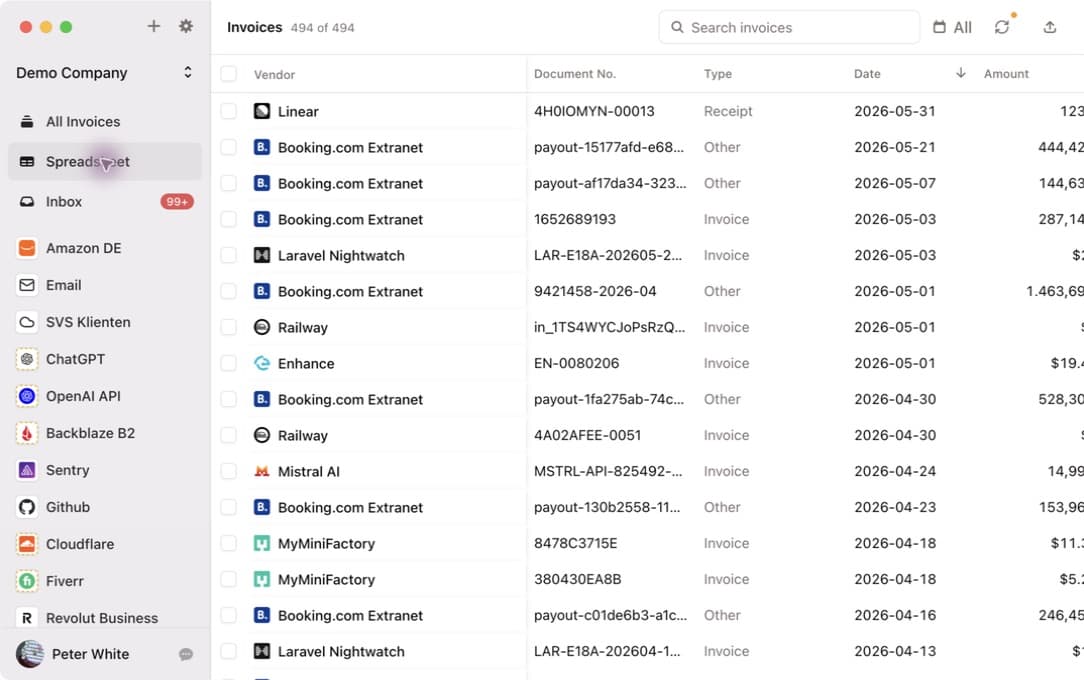 Invoice Radar spreadsheet with invoice fields prepared for reconciliation