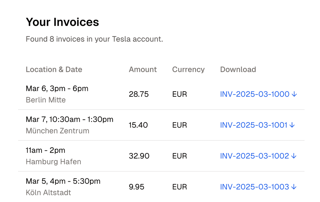 Showcase of the Tesla Supercharger Invoice Download tool